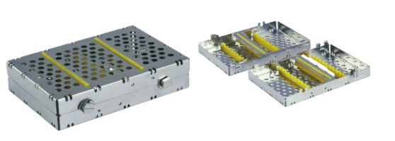 Double Decker Stainless Steel Instrument Cassettes with Furrow Holes, (20 instruments), Yellow, 200x140x44mm